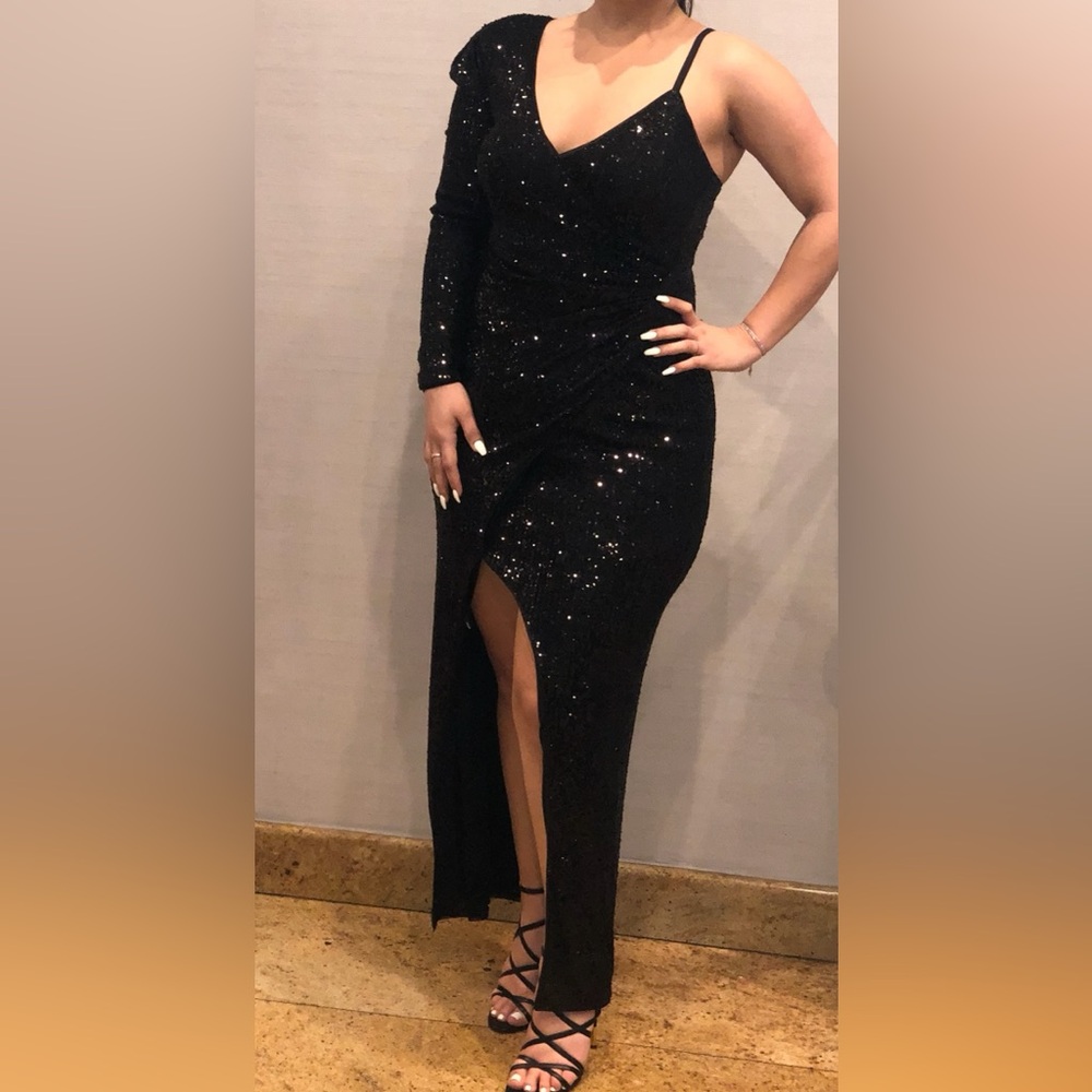 BCBG black sequence dress with slit